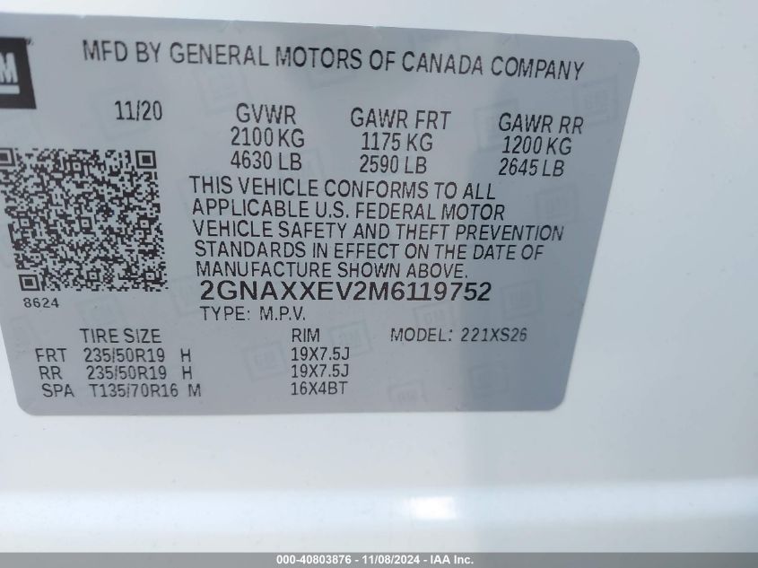 2021 Chevrolet Equinox Awd Premier VIN: 2GNAXXEV2M6119752 Lot: 40803876