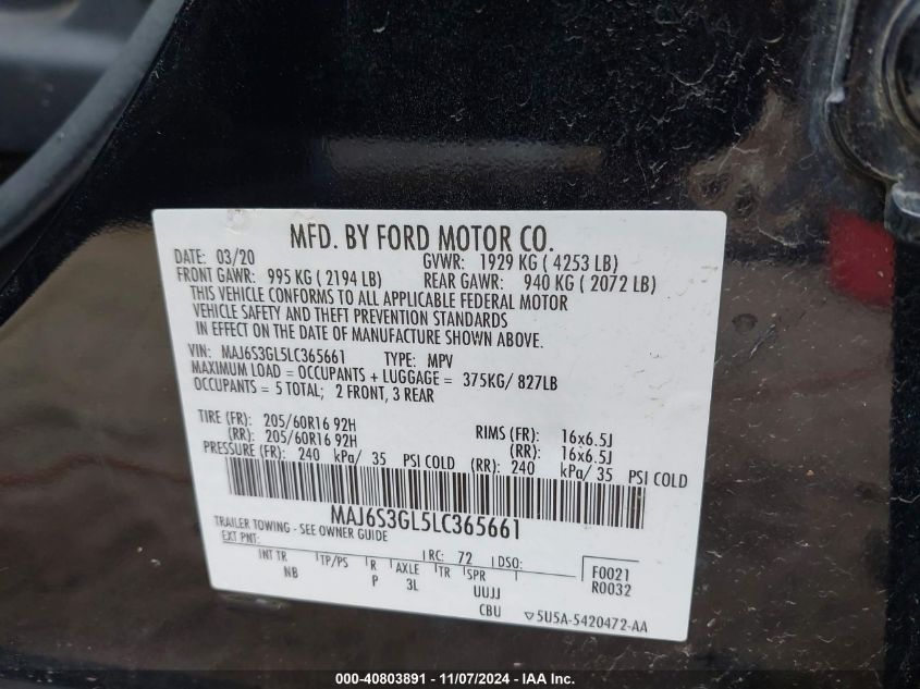 VIN MAJ6S3GL5LC365661 2020 FORD ECOSPORT SE
