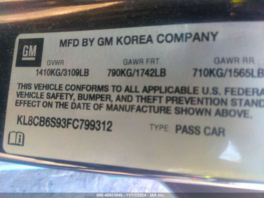2015 CHEVROLET SPARK VIN: KL8CB6S93FC799312
