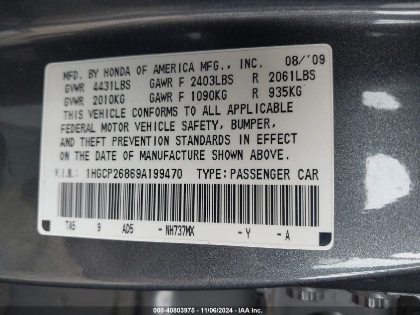 2009 HONDA ACCORD VIN: 1HGCP26869A199470