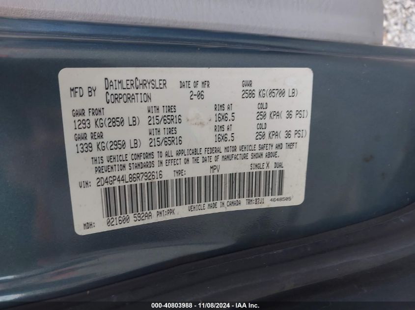 2006 Dodge Grand Caravan Sxt VIN: 2D4GP44L86R792616 Lot: 40803988