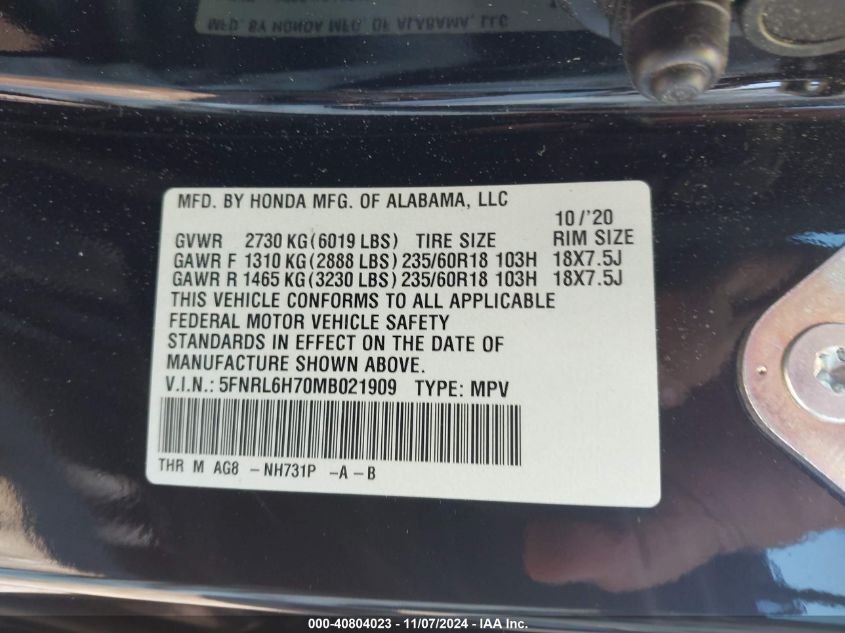 2021 Honda Odyssey Ex-L VIN: 5FNRL6H70MB021909 Lot: 40804023