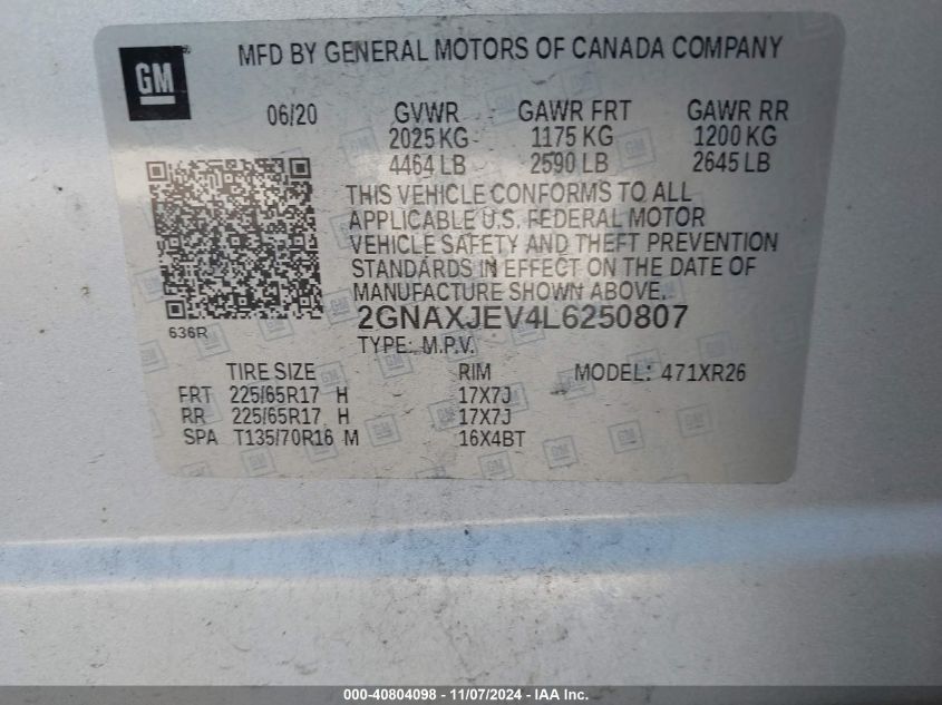 2020 CHEVROLET EQUINOX FWD 2FL - 2GNAXJEV4L6250807