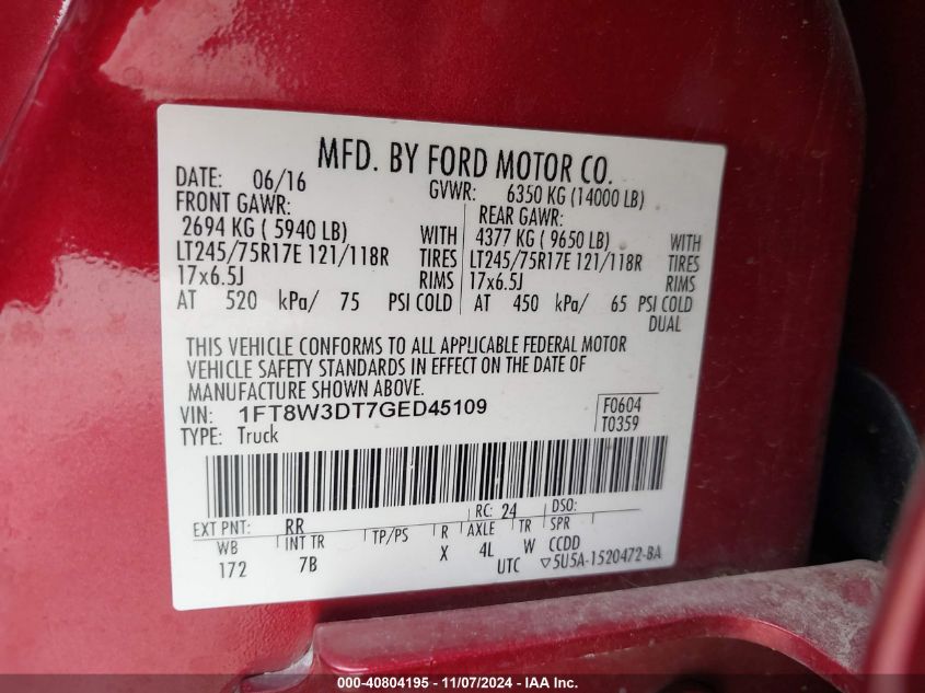 1FT8W3DT7GED45109 2016 FORD F350 photo no. 8