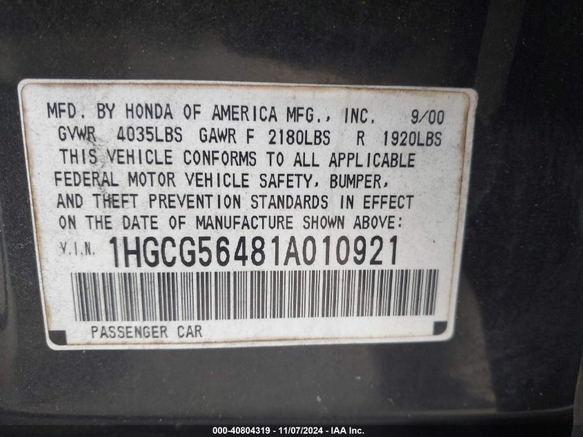 2001 Honda Accord 2.3 Lx VIN: 1HGCG56481A010921 Lot: 40804319