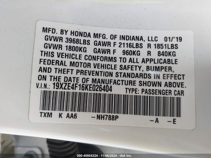 2019 Honda Insight Lx VIN: 19XZE4F16KE026404 Lot: 40804324