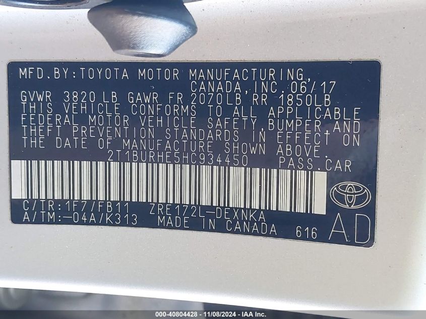 2017 Toyota Corolla Le VIN: 2T1BURHE5HC934450 Lot: 40804428