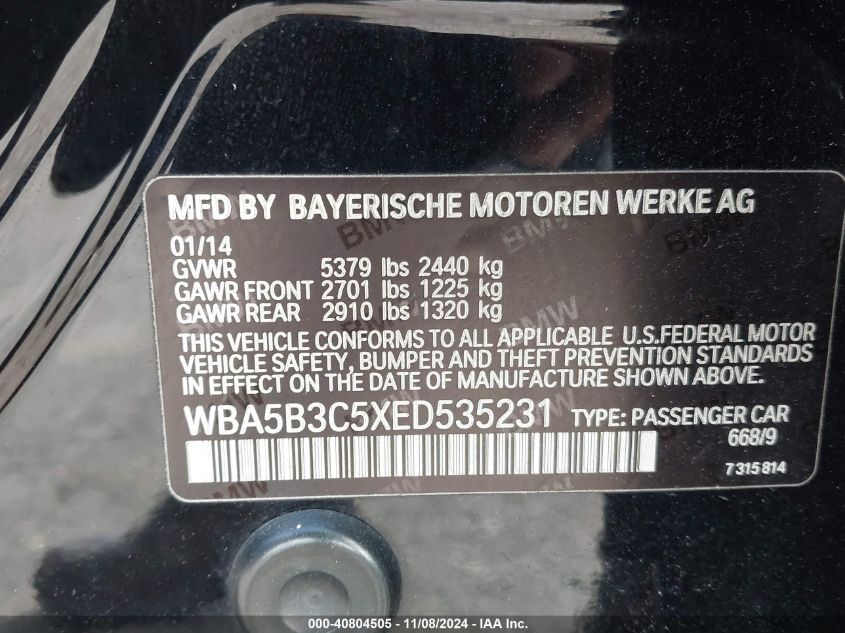 VIN WBA5B3C5XED535231 2014 BMW 5 Series, 535I Xdrive no.9