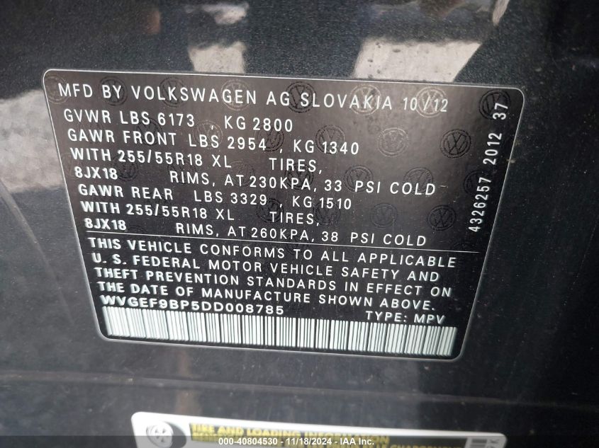 2013 VOLKSWAGEN TOUAREG VR6 SPORT - WVGEF9BP5DD008785