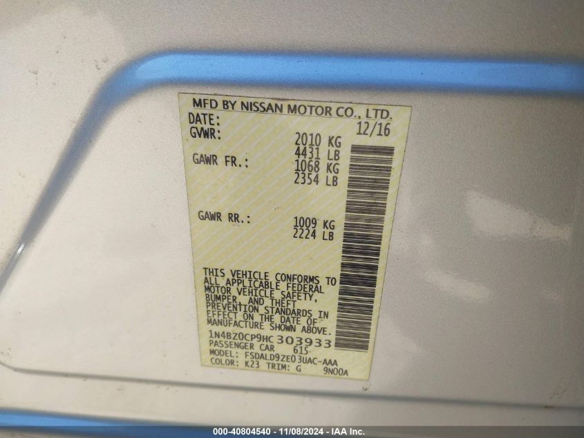 VIN 1N4BZ0CP9HC303933 2017 NISSAN LEAF SV