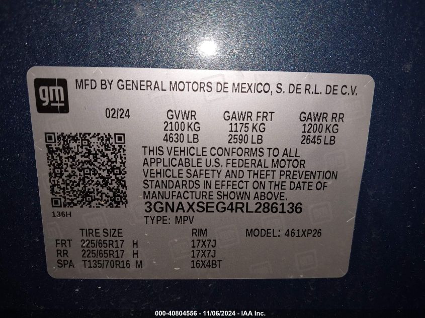 2024 Chevrolet Equinox Ls VIN: 3GNAXSEG4RL286136 Lot: 40804556