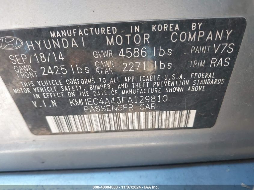 2015 Hyundai Sonata Hybrid Limited VIN: KMHEC4A43FA129810 Lot: 40804608