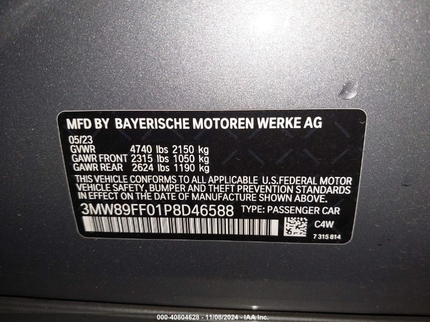 2023 BMW 330I xDrive VIN: 3MW89FF01P8D46588 Lot: 40804628