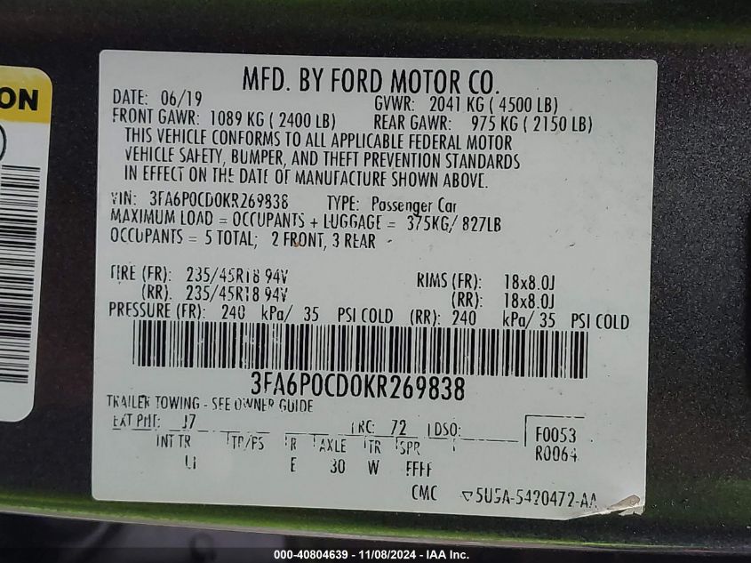 2019 Ford Fusion Sel VIN: 3FA6P0CD0KR269838 Lot: 40804639