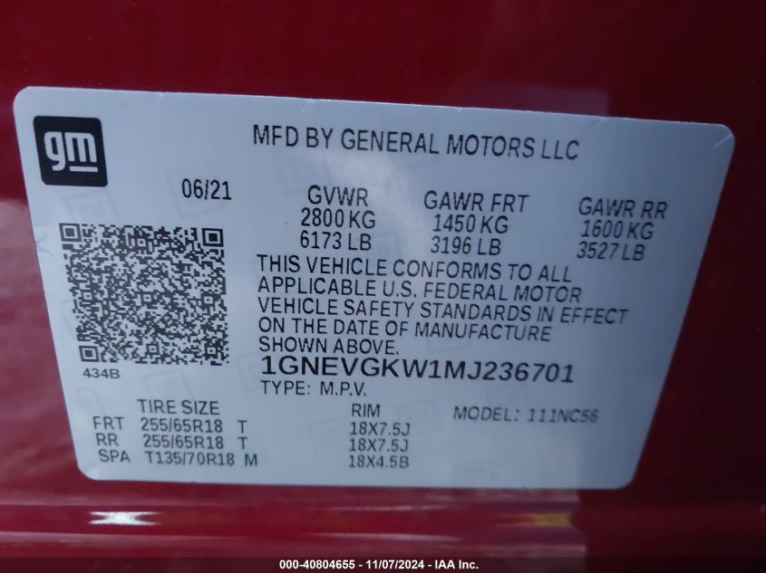 2021 CHEVROLET TRAVERSE AWD LT CLOTH - 1GNEVGKW1MJ236701