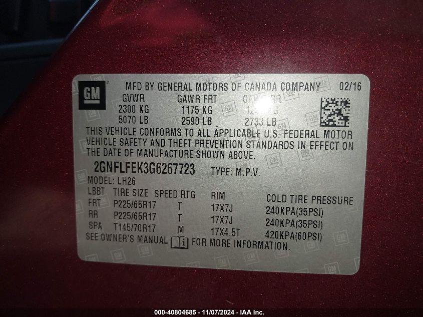 VIN 2GNFLFEK3G6267723 2016 Chevrolet Equinox, LT no.9