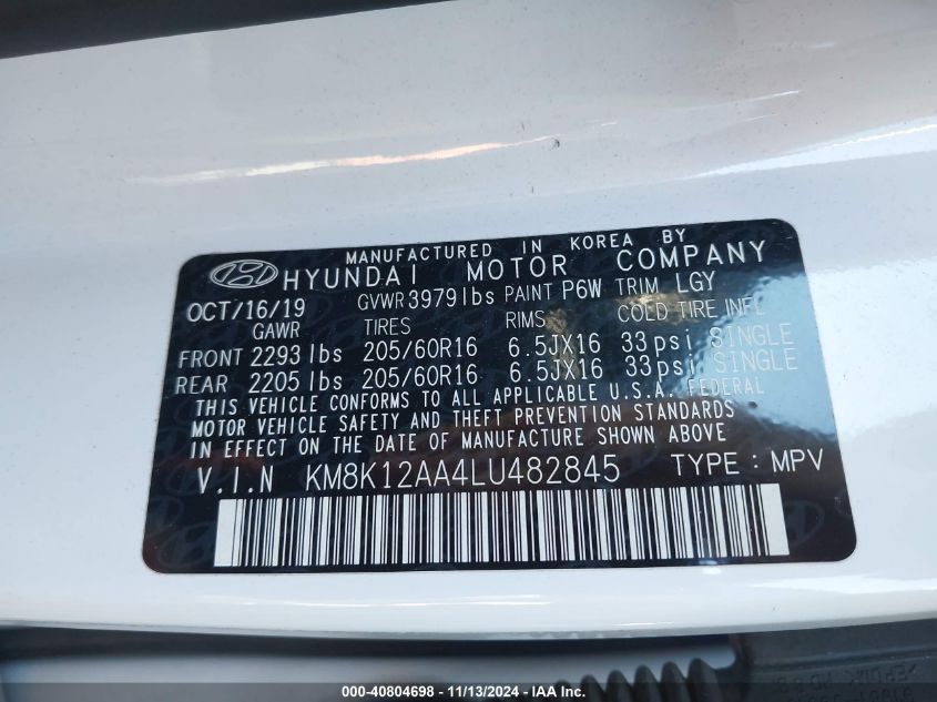 VIN KM8K12AA4LU482845 2020 Hyundai Kona, SE no.9