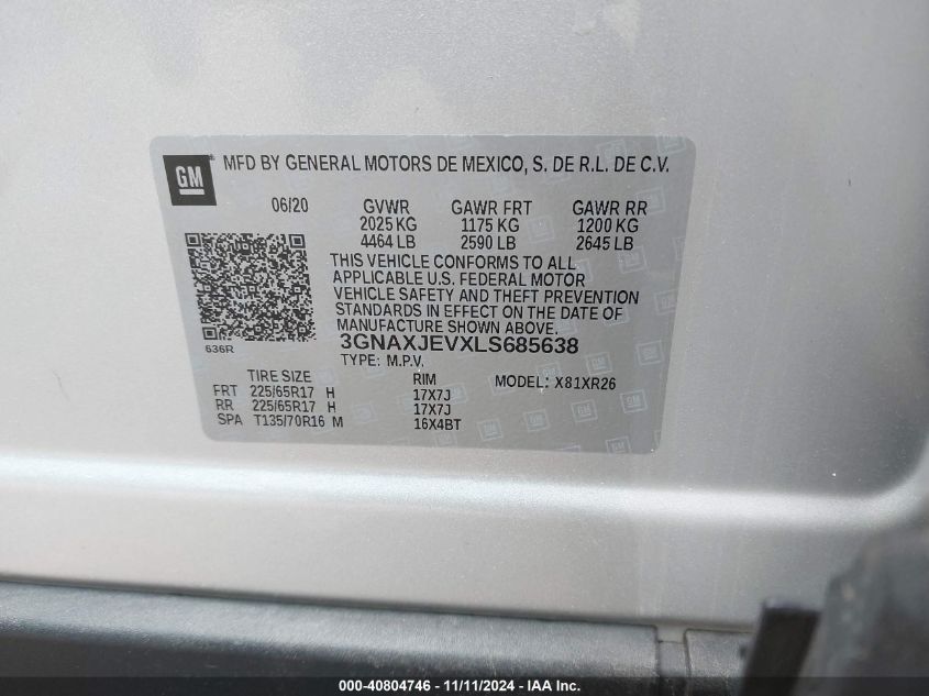 2020 Chevrolet Equinox Fwd 2Fl VIN: 3GNAXJEVXLS685638 Lot: 40804746