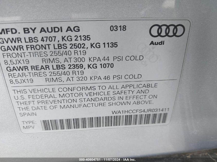 2018 Audi Q3 2.0T Premium/2.0T Sport Premium VIN: WA1HCCFS4JR031411 Lot: 40804751