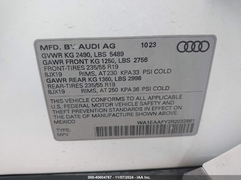 2024 Audi Q5 Premium Plus 45 Tfsi S Line Quattro VIN: WA1EAAFY2R2032661 Lot: 40804767