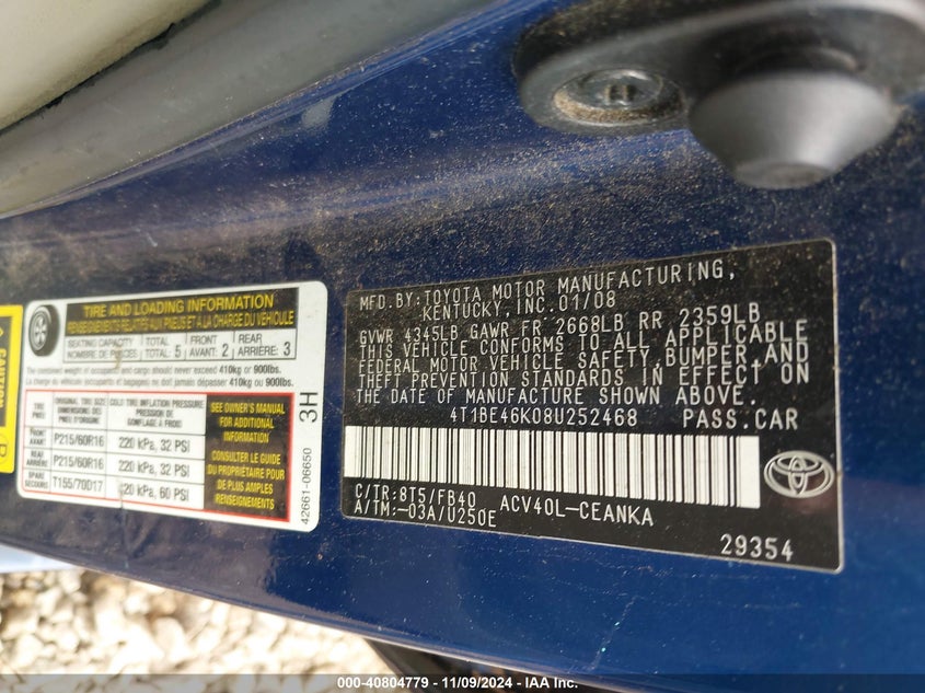 2008 TOYOTA CAMRY VIN: 4T1BE46K08U252468