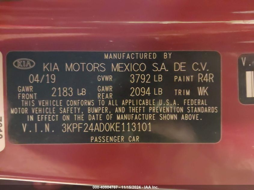 2019 Kia Forte Lxs VIN: 3KPF24AD0KE113101 Lot: 40804787