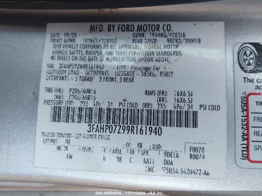 2009 Ford Fusion Se VIN: 3FAHP07Z99R161940 Lot: 40804806