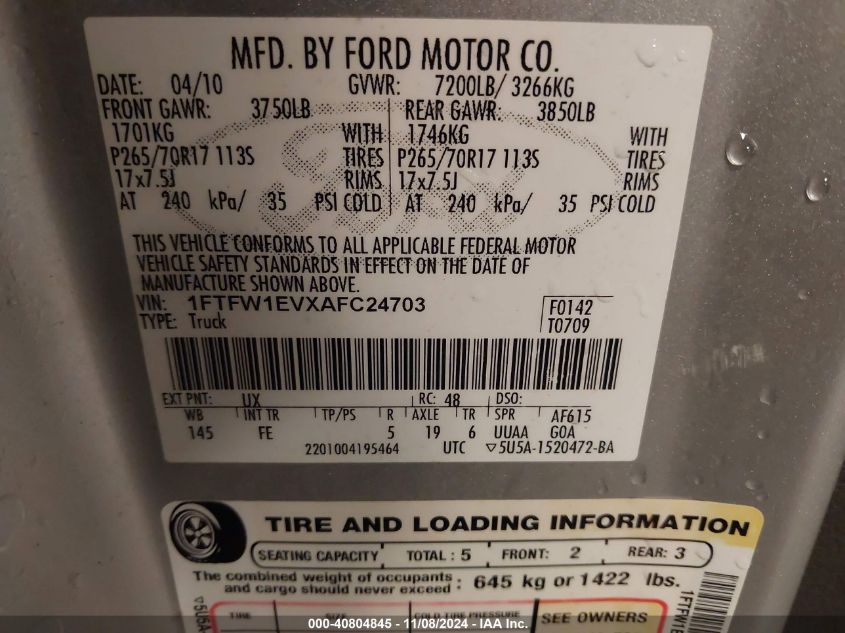 2010 Ford F-150 Fx4/Harley-Davidson/King Ranch/Lariat/Platinum/Xl/Xlt VIN: 1FTFW1EVXAFC24703 Lot: 40804845