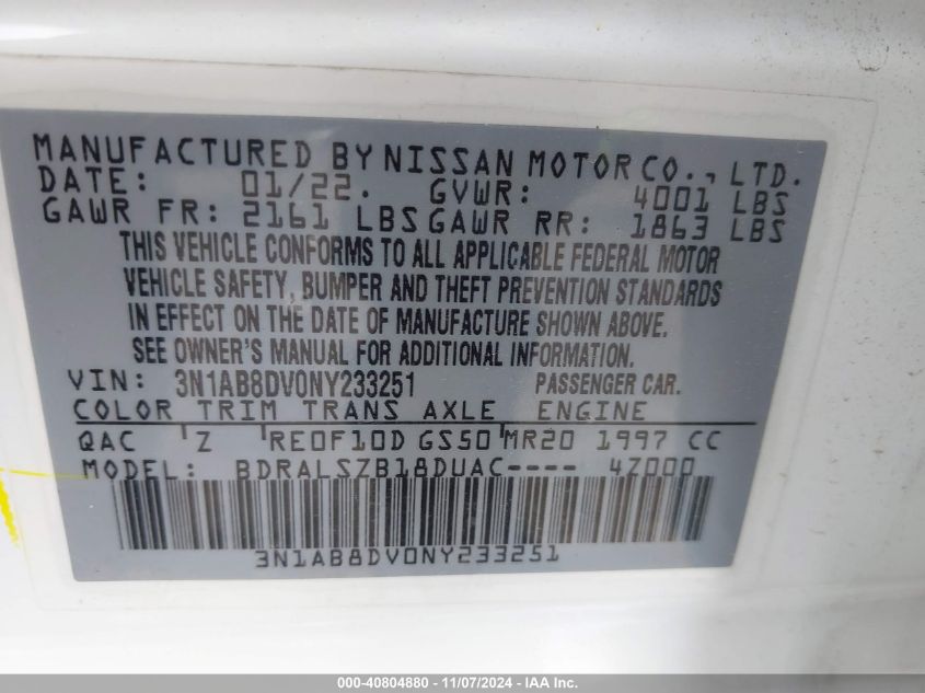 2022 Nissan Sentra Sr Xtronic Cvt VIN: 3N1AB8DV0NY233251 Lot: 40804880