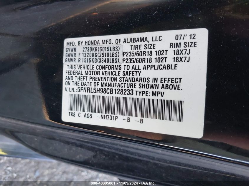 2012 Honda Odyssey Touring/Touring Elite VIN: 5FNRL5H98CB128233 Lot: 40805001