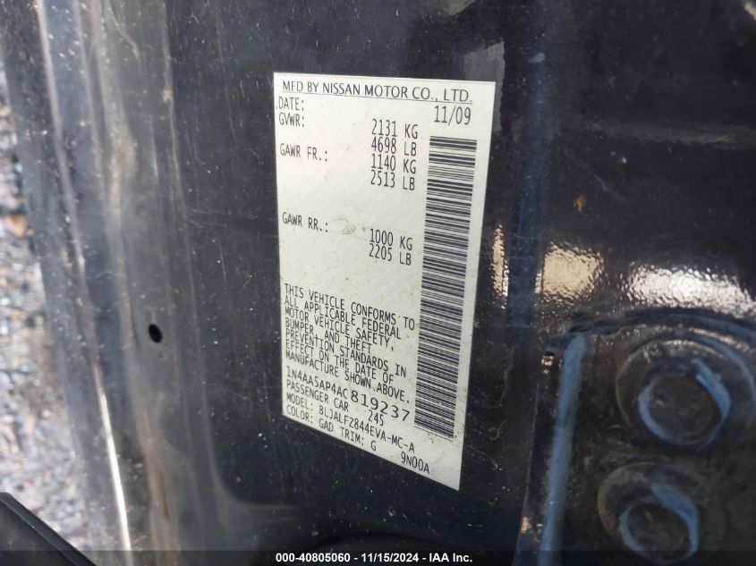 2010 Nissan Maxima 3.5 Sv VIN: 1N4AA5AP4AC819237 Lot: 40805060