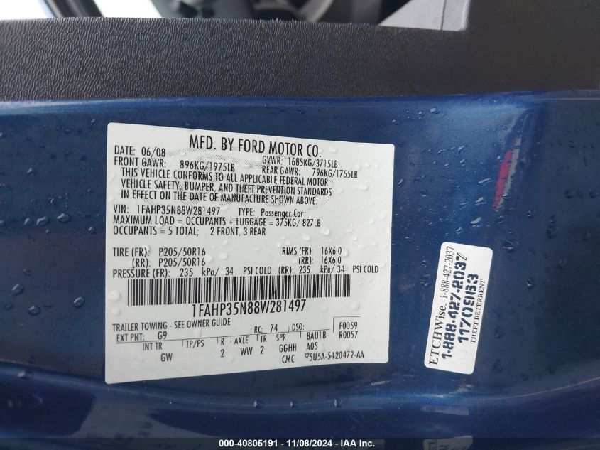 2008 Ford Focus Se/Ses VIN: 1FAHP35N88W281497 Lot: 40805191