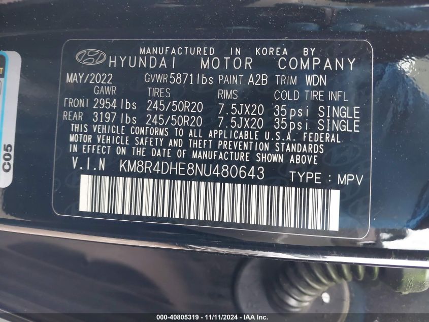 2022 Hyundai Palisade Sel VIN: KM8R4DHE8NU480643 Lot: 40805319