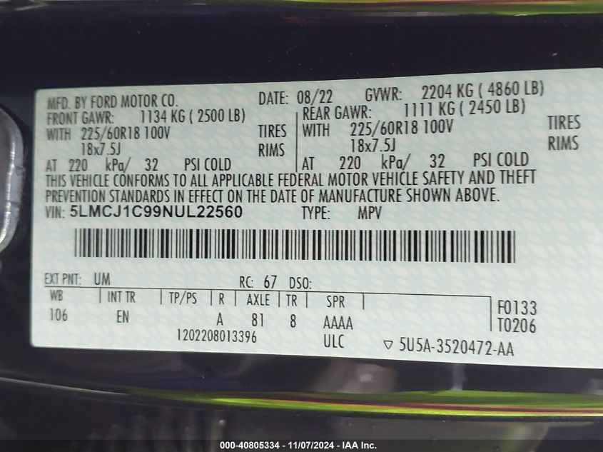 2022 Lincoln Corsair Standard VIN: 5LMCJ1C99NUL22560 Lot: 40805334