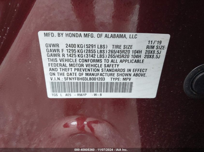 2020 Honda Passport Awd Elite VIN: 5FNYF8H03LB001203 Lot: 40805360