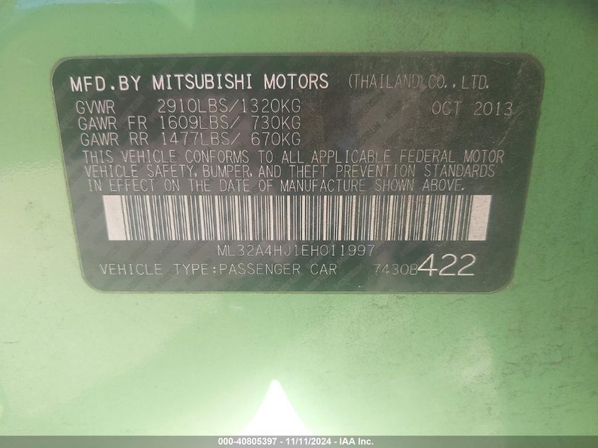 2014 Mitsubishi Mirage Es VIN: ML32A4HJ1EH011997 Lot: 40805397