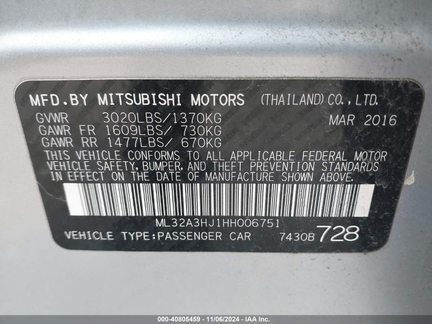 2017 Mitsubishi Mirage Es VIN: ML32A3HJ1HH006751 Lot: 40805459