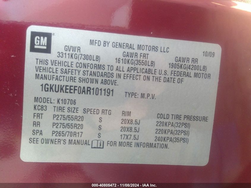 2010 GMC Yukon Denali VIN: 1GKUKEEF0AR101191 Lot: 40805472