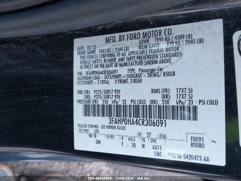 2012 Ford Fusion Se VIN: 3FAHP0HA4CR306091 Lot: 40805489