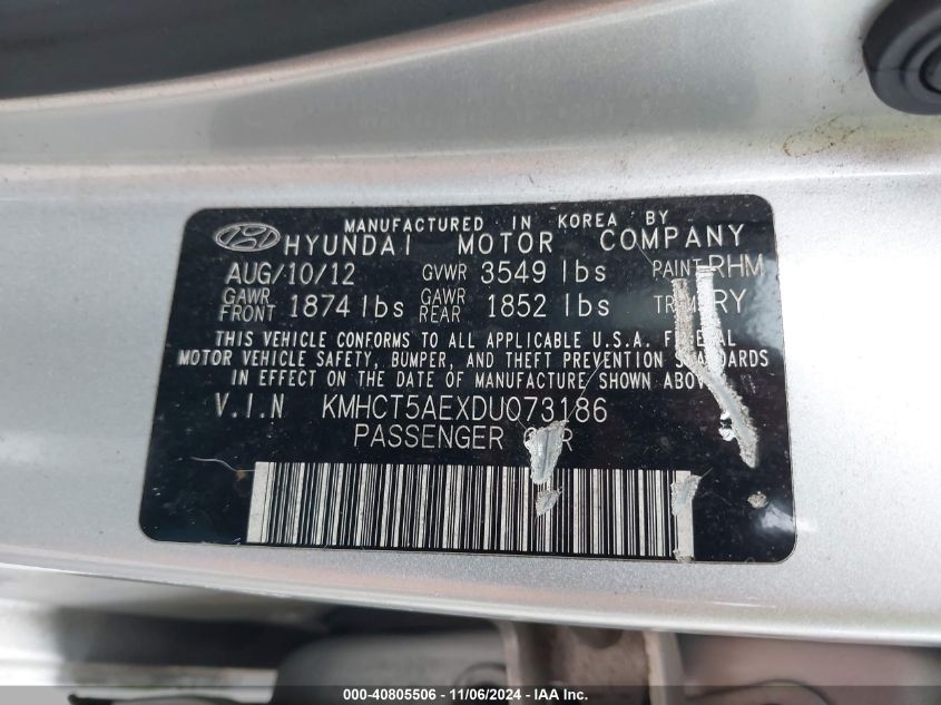 2013 Hyundai Accent Gs VIN: KMHCT5AEXDU073186 Lot: 40805506