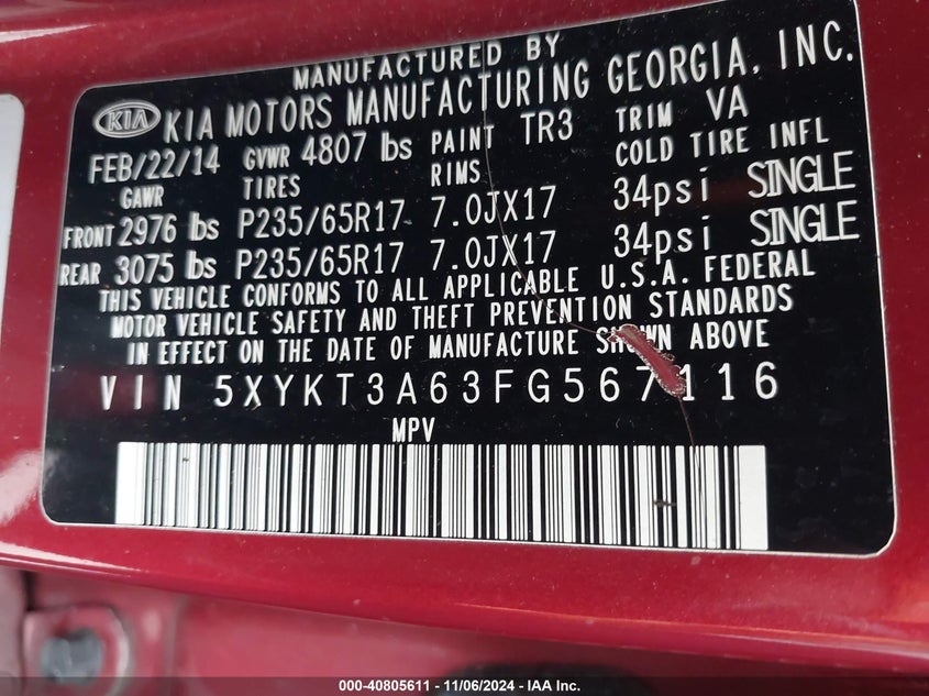 2015 Kia Sorento Lx VIN: 5XYKT3A63FG567116 Lot: 40805611