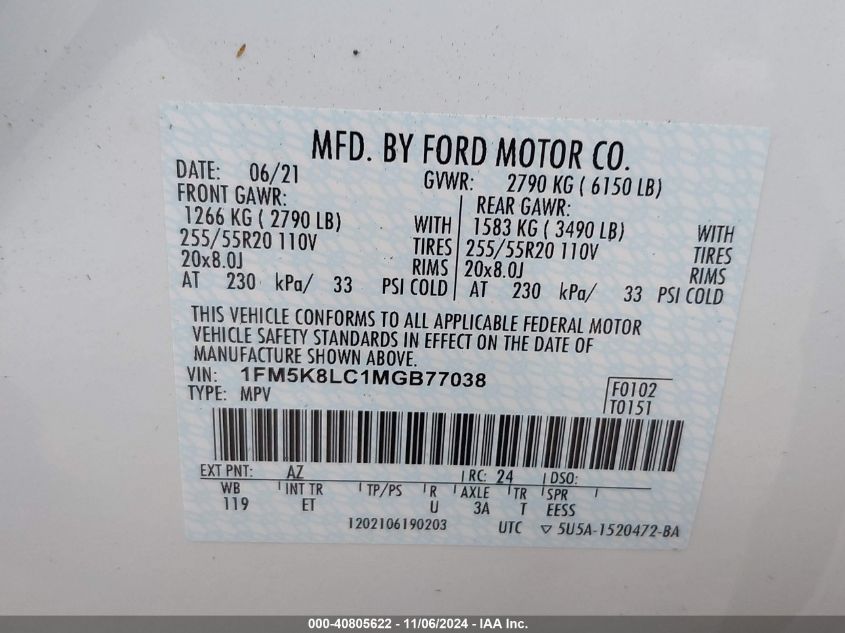 2021 Ford Explorer King Ranch VIN: 1FM5K8LC1MGB77038 Lot: 40805622