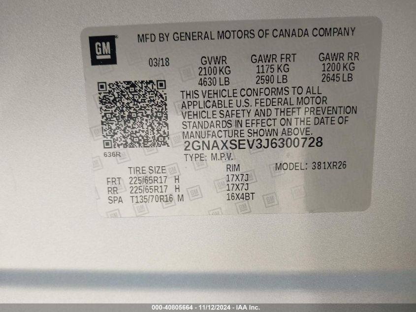 VIN 2GNAXSEV3J6300728 2018 CHEVROLET EQUINOX LT