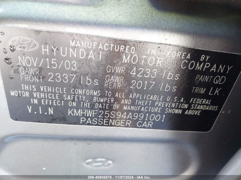 2004 Hyundai Sonata Base (A4) VIN: KMHWF25S94A991001 Lot: 40805878