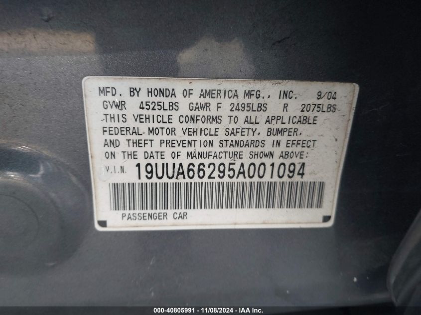 2005 Acura Tl Base W/Nav System (A5) VIN: 19UUA66295A001094 Lot: 40805991