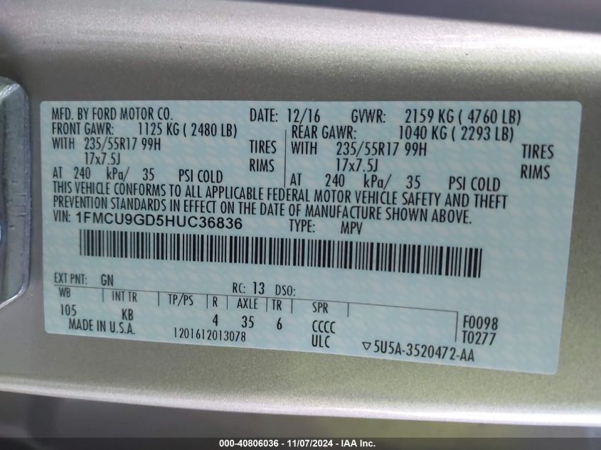 VIN 1FMCU9GD5HUC36836 2017 FORD ESCAPE SE