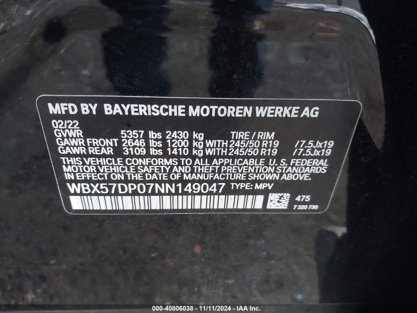 2022 BMW X3 xDrive30I VIN: WBX57DP07NN149047 Lot: 40806038