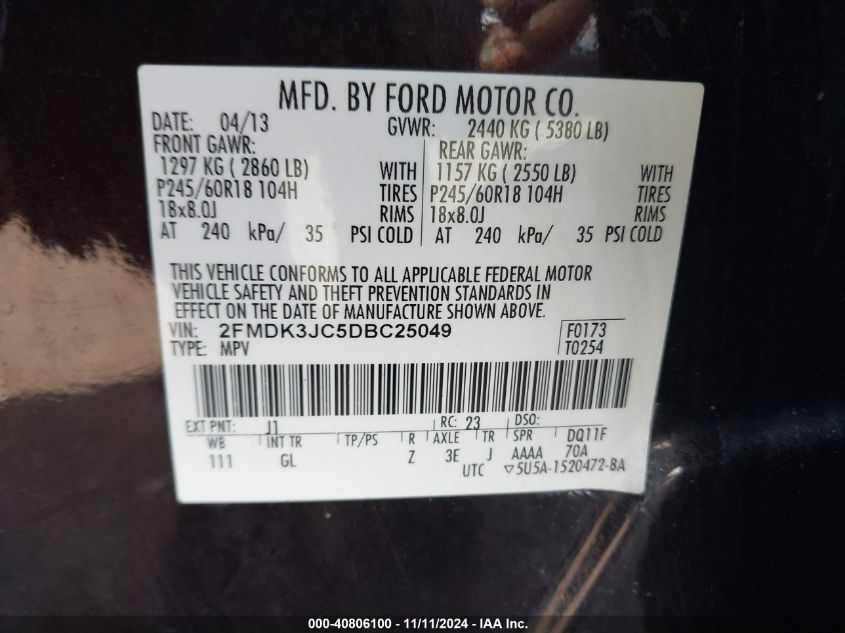 VIN 2FMDK3JC5DBC25049 2013 FORD EDGE no.9