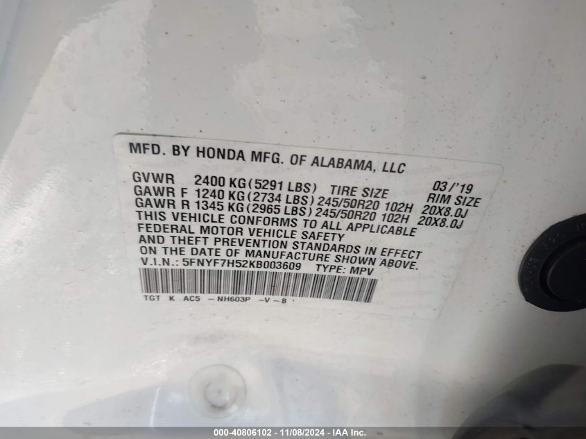 2019 Honda Passport Ex-L VIN: 5FNYF7H52KB003609 Lot: 40806102