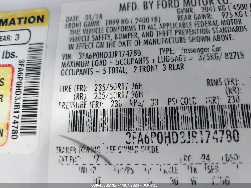 2018 FORD FUSION SE - 3FA6P0HD3JR174780